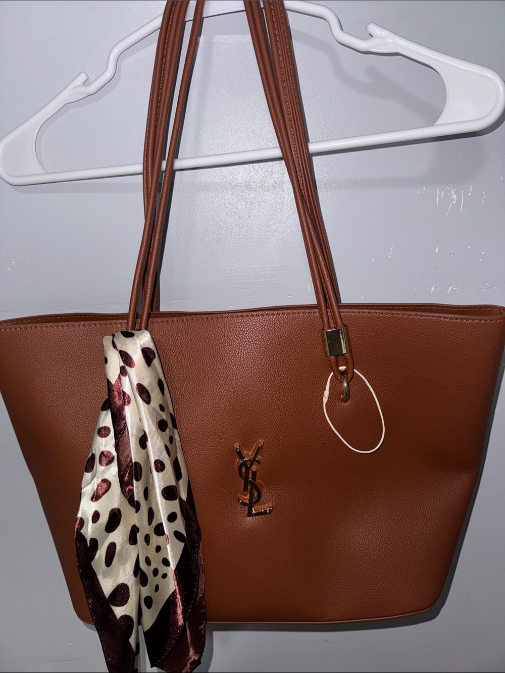 Ysl Brown Tote with Polka Dot Scarf and Gold Logo Accent